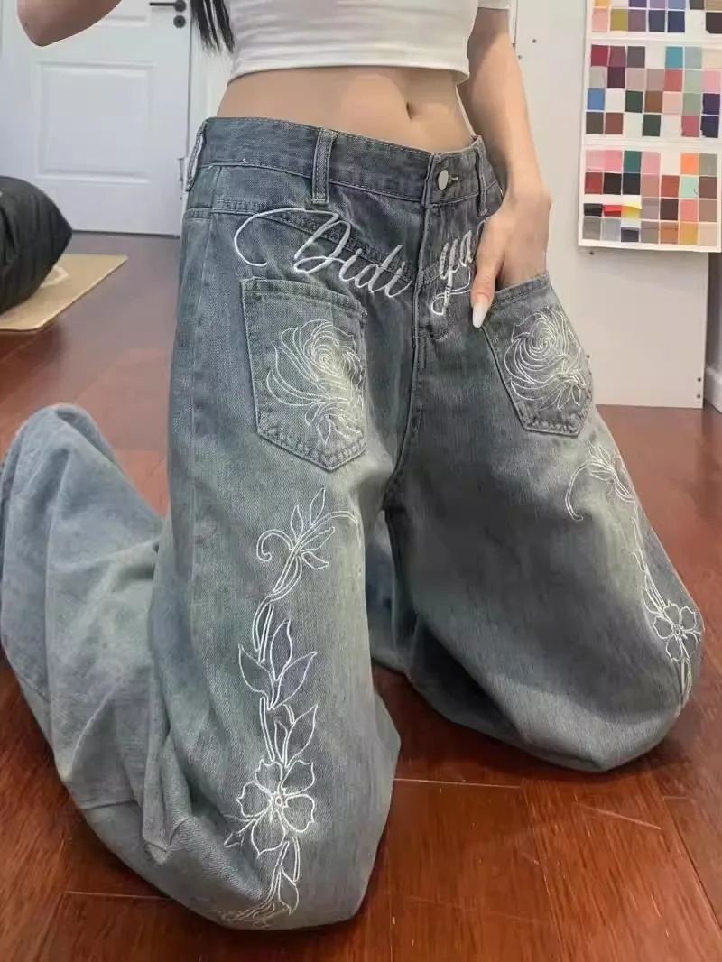 Ladies Loose Fit Straight Leg Jeans Blue Washed Floral Letter Embroidery Unique Street Style American Casual Trousers
