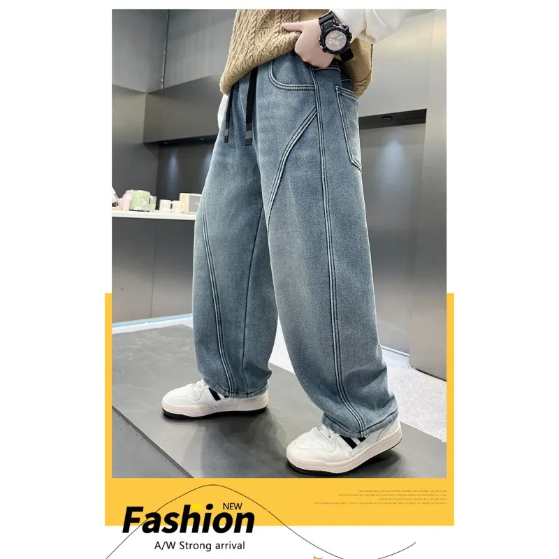 Herbst Kinder Jungen Jeans UNITIM Vielseitige Taschen Junge Teenager Jungen Gerade Hosen Lose Elastische Taille 4-14 Jahre Jungen Freizeithose – Detail 7