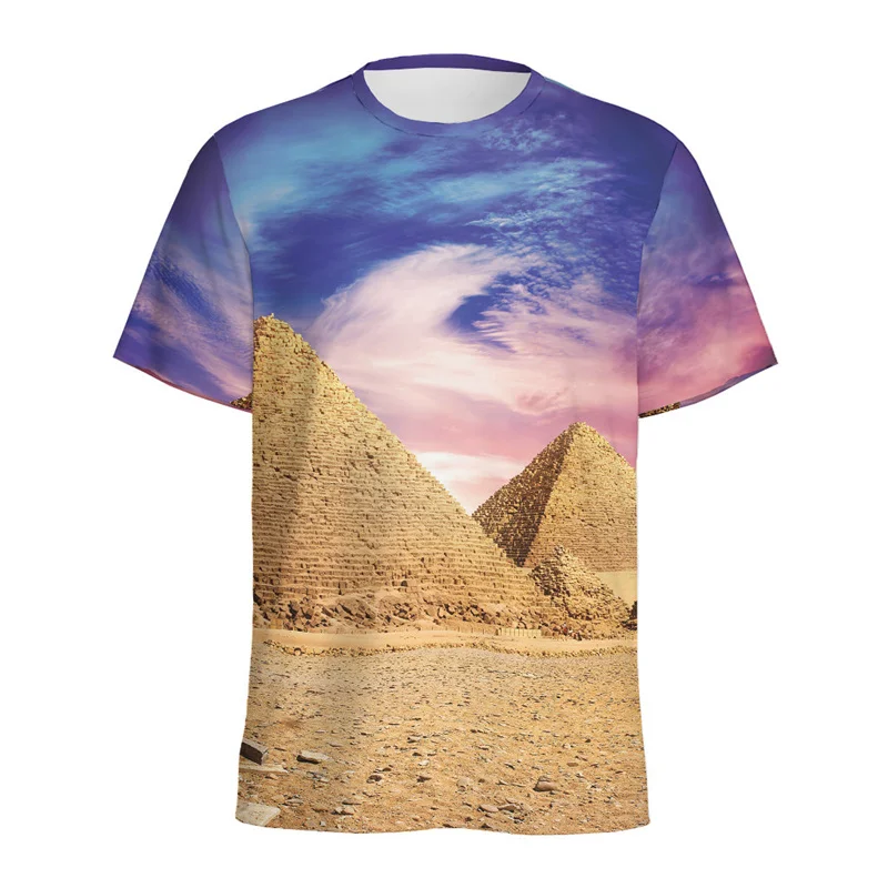 Geometric Pyramid 3D Printed T-shirt Men Ancient Architecture Graphic Tshirt Round Neck Short Sleeves Women Oversized Tee Shirt