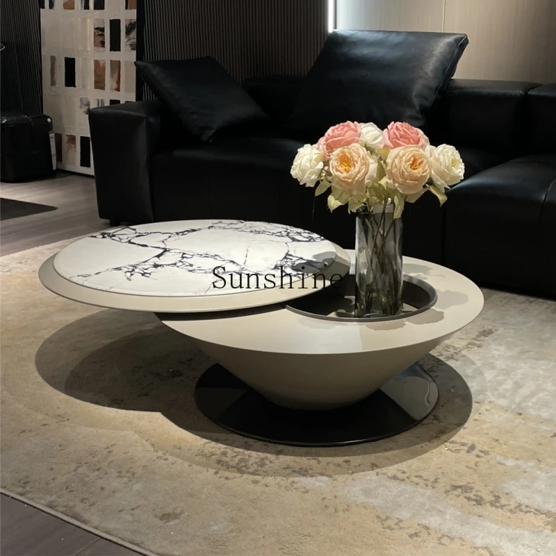 

French cream style marble coffee table round suspension rotating function tea table