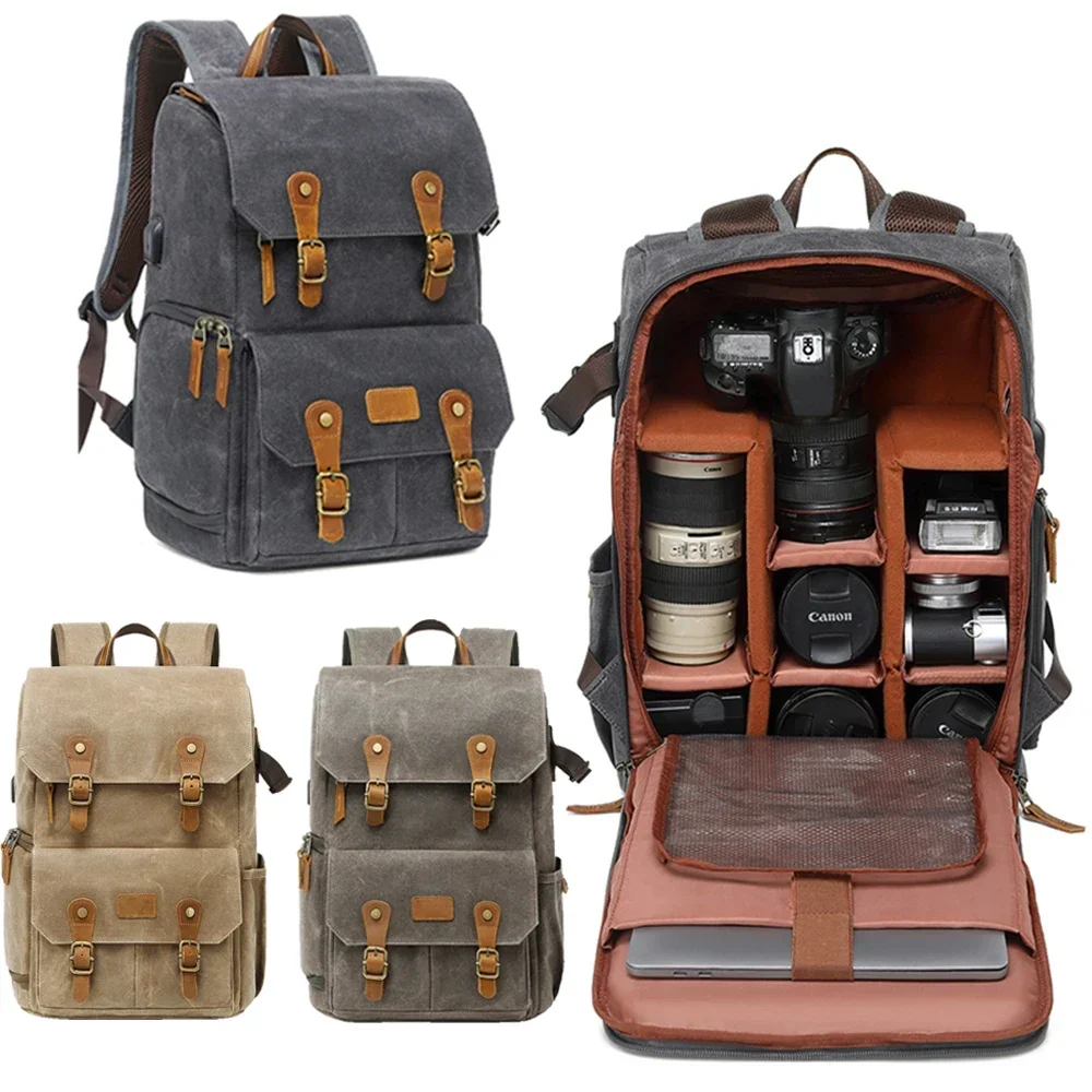 Classic Batik Canvas Backpack with USB Port for 15.6inch Laptop, Waterproof Camera Bag for Men