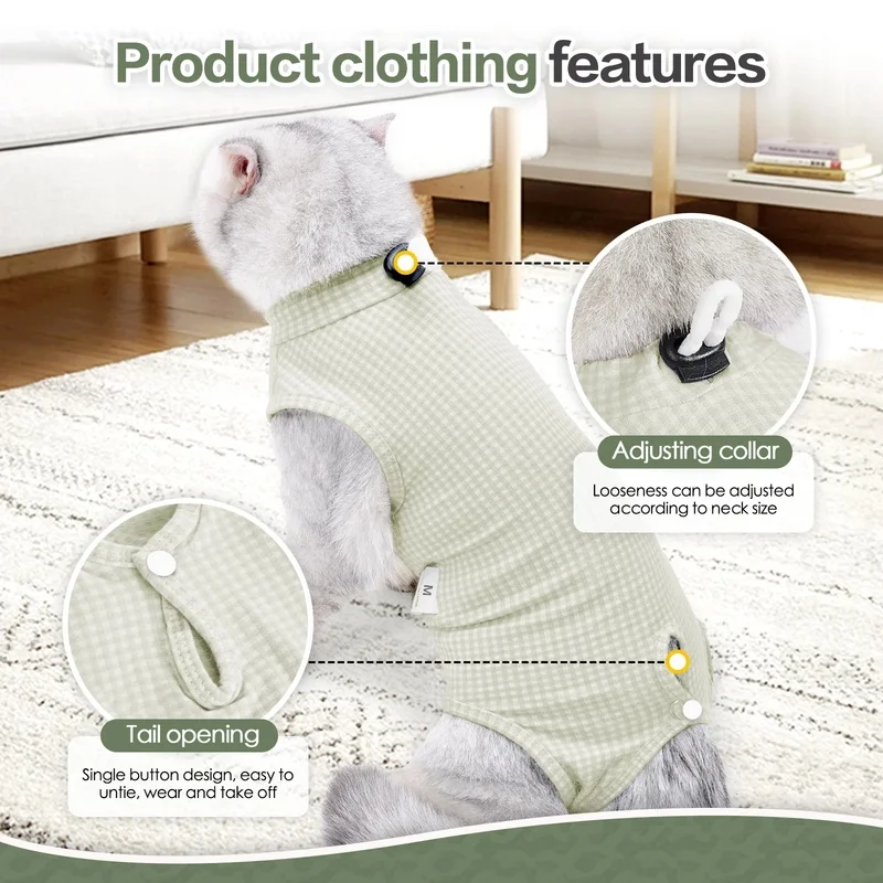 Cat Recovery Suit Grid Print Cotton Spandex Traditional Single Snap Breathable-Licking Spay Neuter