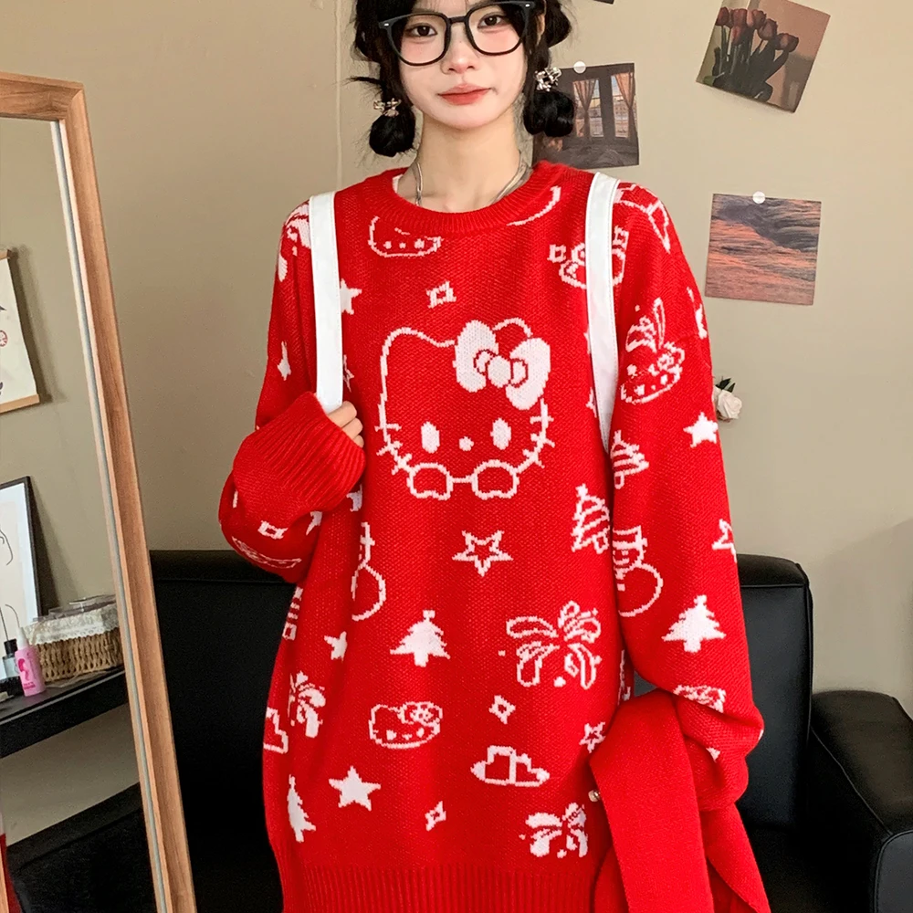 Cute Sanrioed Christmas Hello Kitty Sweater Scarf Suit Kawaii Anime Figure Sweater Top Sweet Girl Student Harajuku Trend Loose