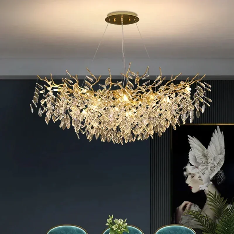 lustre de teto de cristal dourado led em forma de ramo villa duplex simples sala americana luxo frances moderno 01