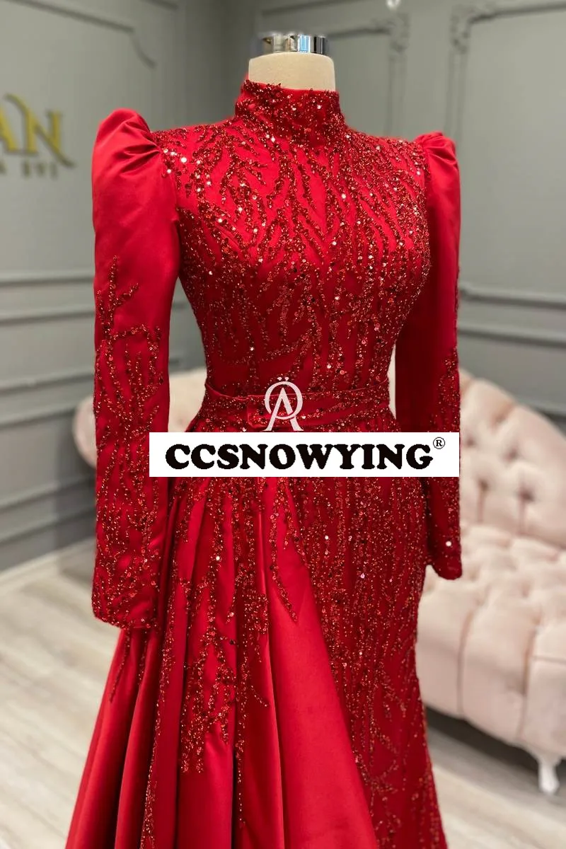 Luxury Mermaid Long Sleeve Muslim Evening Dresses Satin Beaded Islamic Formal Party Gown High Neck Arabic Kaftan Robes De Soirée