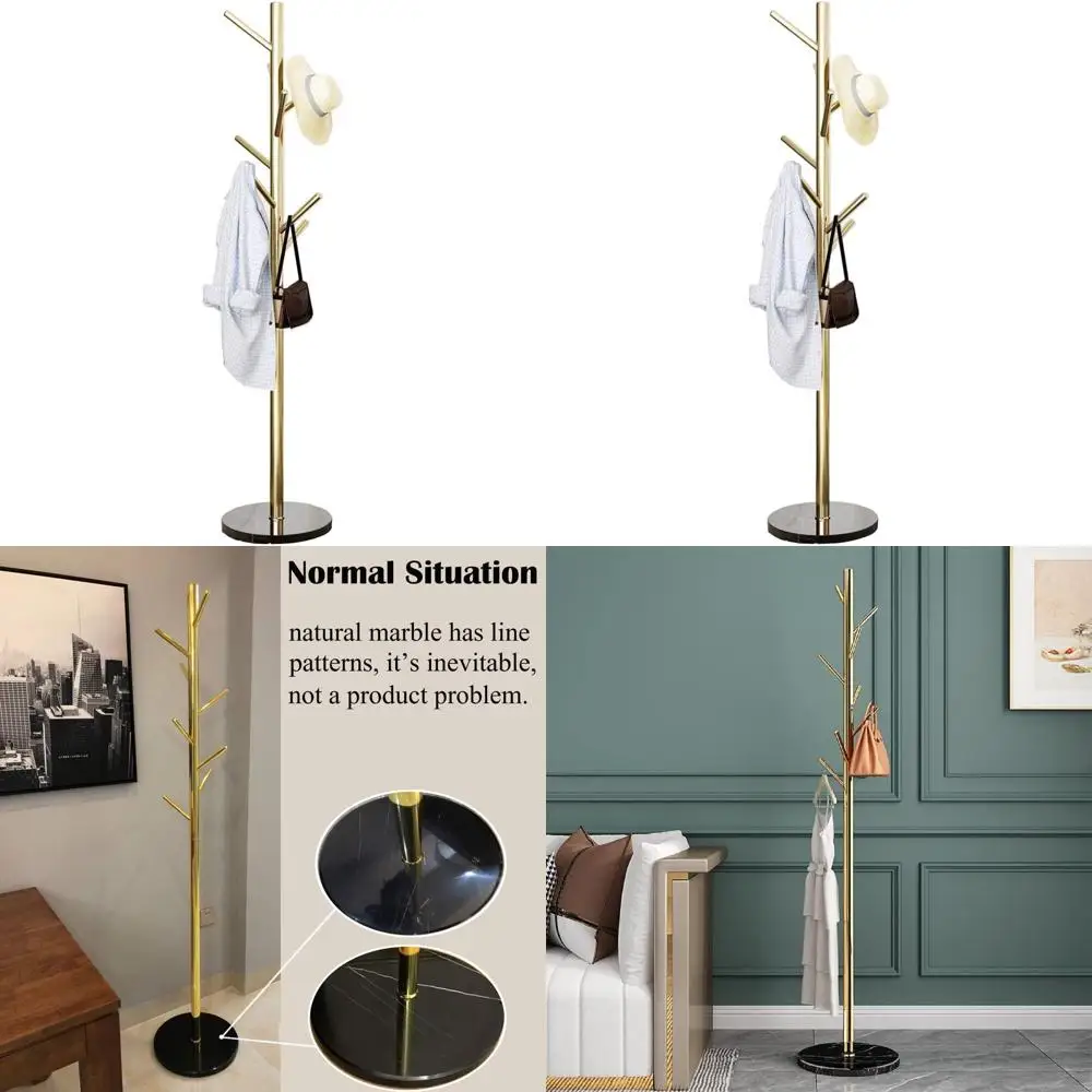

Golden Satin Steel Coat Rack with Marble Base and Hooks, Free Standing for Easy Assembly in Bedroom