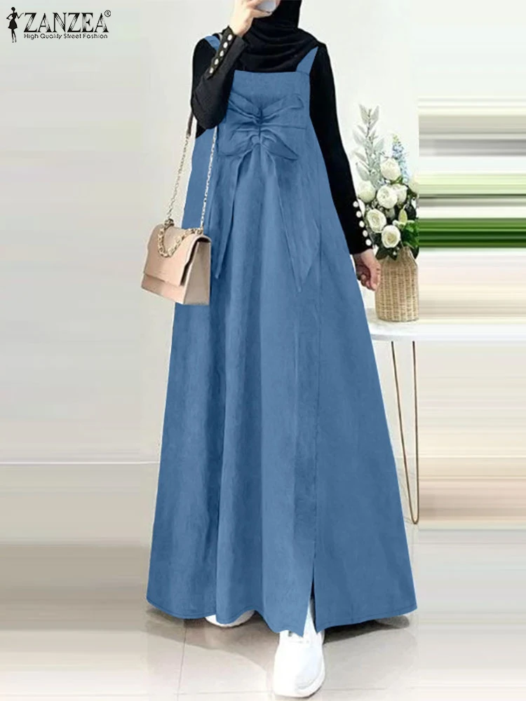 ZANZEA Denim Blue Suspender Pinafore Robes Muslim Bowknot Detail Casual Islamic Overall Dress Summer Women Sleeveless Maxi Dress