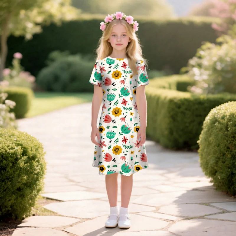 Little Girl's White Short-sleeved Skirt, Yellow Flowers & Green Leaves, Floral Print Bohemian Summer Dress for Children