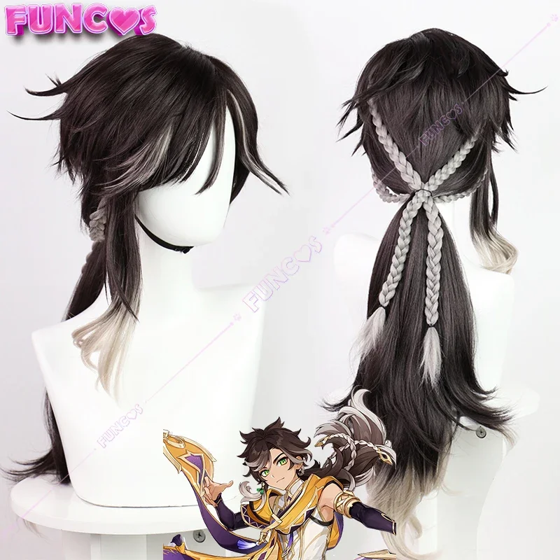 Genshin Impact Sethos Cosplay Wig Dark Brown Grey Hair Long Braid Wig Heat-resistant Fiber Hair Free Wig Net Wisdom's Measure