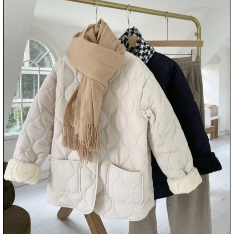 Warm Lamb Fur Splicing Lightweight Diamond Grid Winter Korean Loose Small Fragrance Style Diamond Grid Cotton Jacket Women