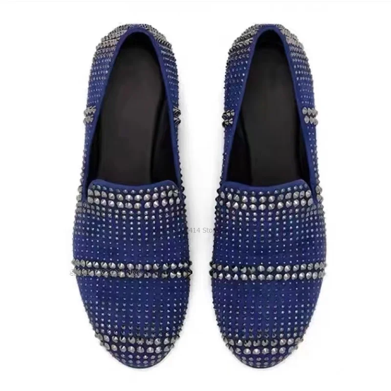 Blue Rhinestones and Silver Rivets Decor Loafers Fashion Slip On Men Casual Shoes Novel Handcraft Banquet Party Men Dress Shoes