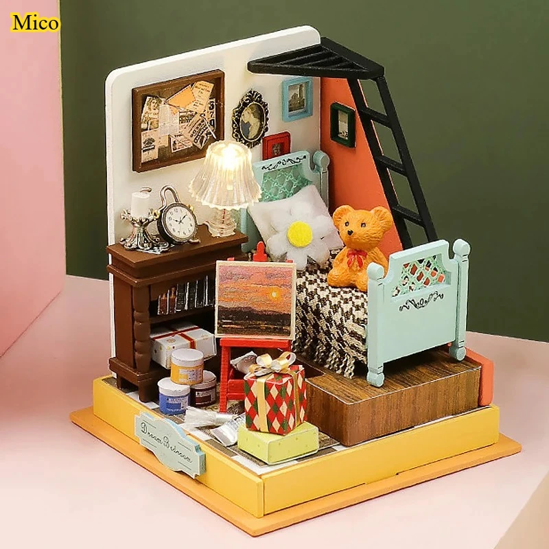 

Mini DIY Wooden Miniature House Kit with LED & Furniture Desktop Ornament Upgraded