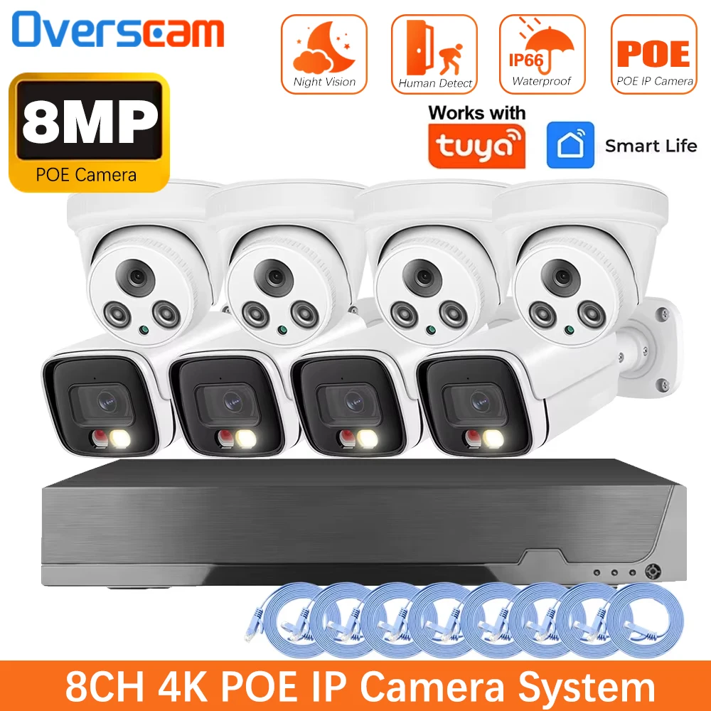 

Комплект Tuya: 4K 8МП 8-канальный POE NVR для наружного видеонаблюдения с записью звука, обнаружением человека, камерами Bullet и Dome, система SmartLife