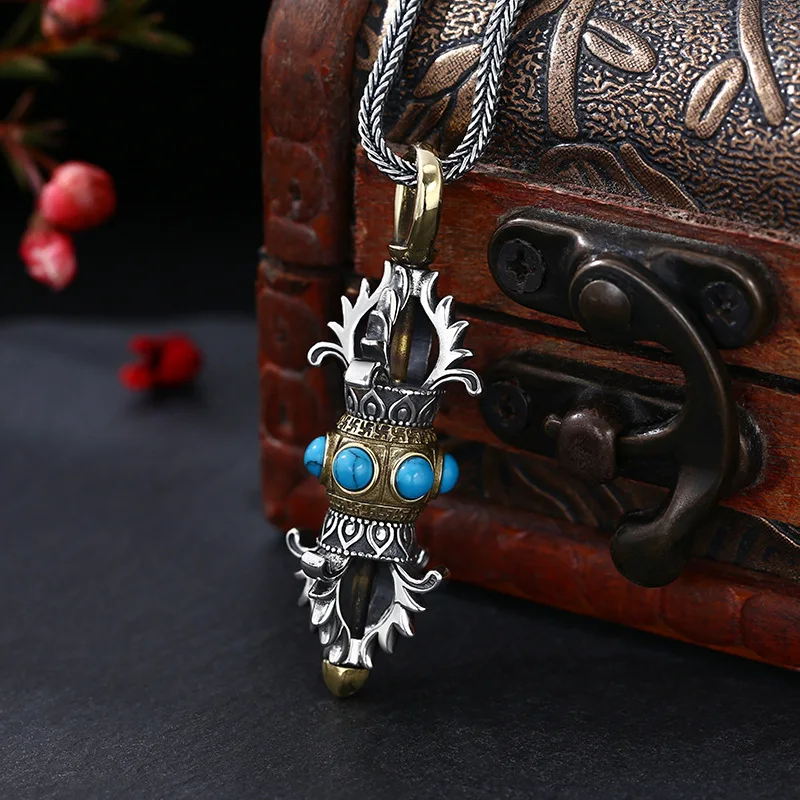 

S925 Sterling Silver JinGangChu Pendant Black Color Old Process Turquoise Brass Design Unisex Fine Jewelry FYNE371