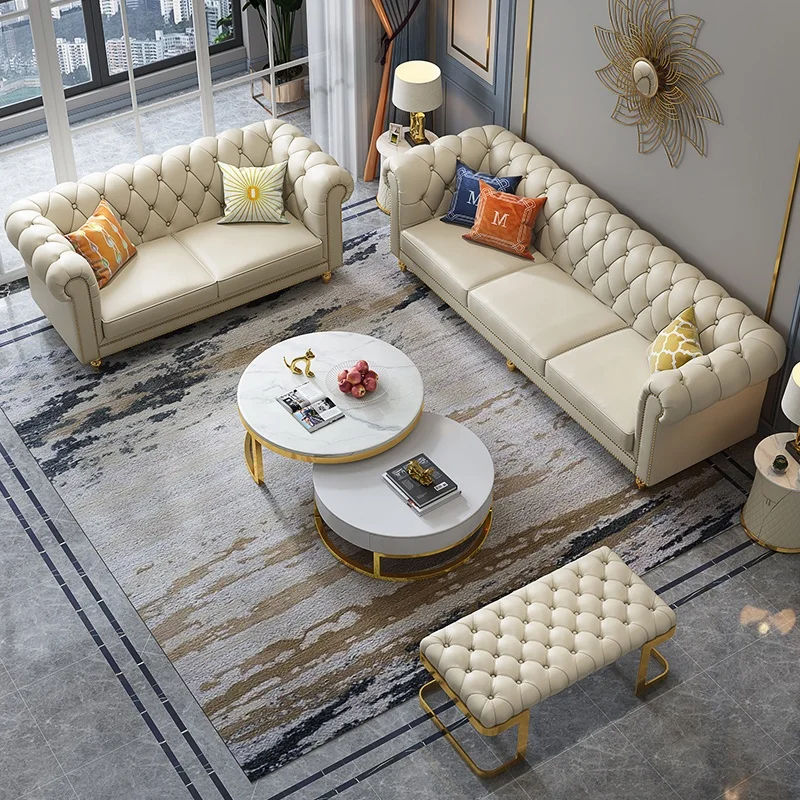 

White Chesterfield Microfiber Leather Sofa Set Modern Living Room Chesterfield Sofa