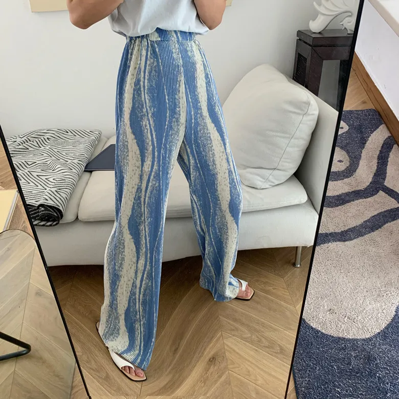 

Summer Ribbed Wide Leg Pants Women Tie Dye Elastic High Waisted Trousers Female Straight Loose Palazzo Bohemia Pants Streetwear