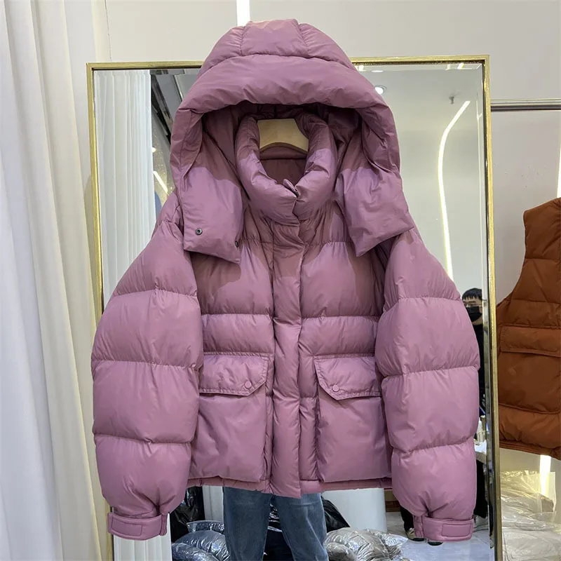 Short Puffer Coat Winter Women\'s White Duck Down Jacket Hooded Thick Warm Loose Overcoat Female Parkas Ladies Outwear