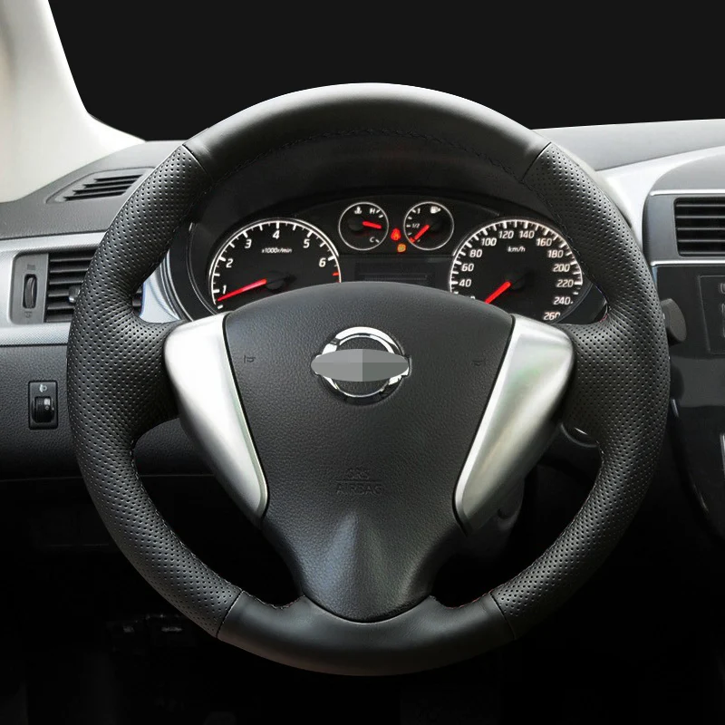 For Nissan Note Serena Bluebird Sylphy RU Versa Note NV200 Hand-stitched Black Genuine Leather Car Steering Wheel Cover