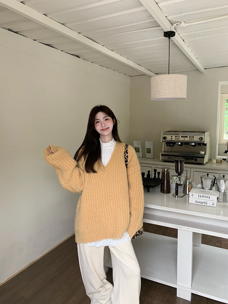 

Laid-ba Sle Women's Knitwear Loose Long Sve V-ne Pullover Sweater Autumn Winter New Arrival Retro High Sensation G...