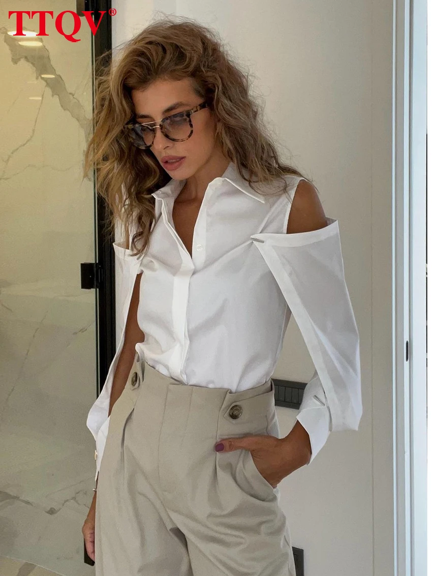

TTQV Fashion White Cotton Women's Blouse Elegant Lapel Long Sleeve Hollow Out Shirts Casual Single Breasted Solid Shirt Female