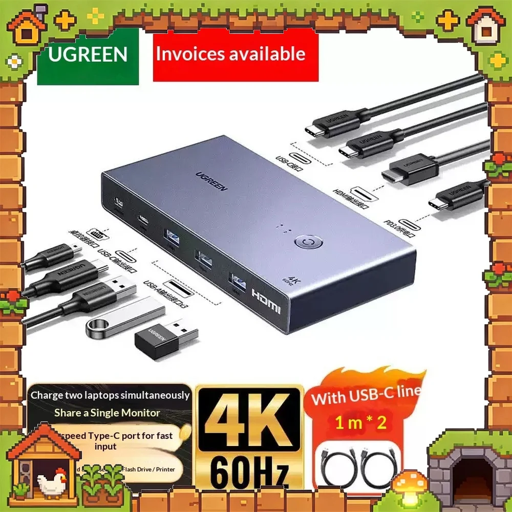 UGREEN CM730 USB-C KVM Switch 2 Computers 1 HDMI Monitor 4K 60Hz USB 3.0 Keyboard Mouse Sharing with Desktop Controller