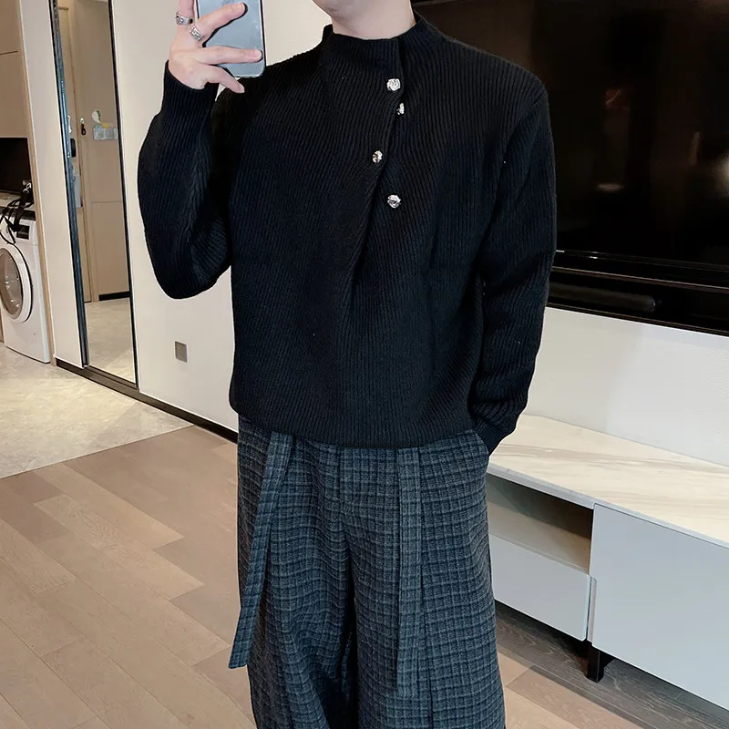 

Мужской теплый дышащий свитер с высоким воротником и металлическими пуговицами, модный, плотный, для многослойного ношения, осень-зима