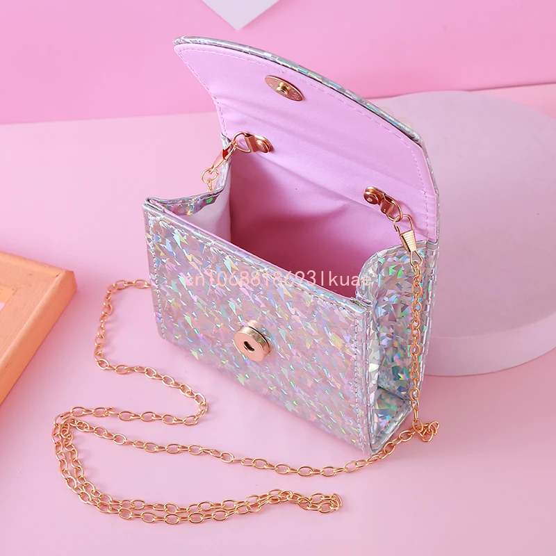 Mini bolsas com arco laser bonito para meninas, sacos crossbody para crianças, bolsa de moedas, caixa, Kawaii, carteira da criança, sacos de mão, novo, 2024