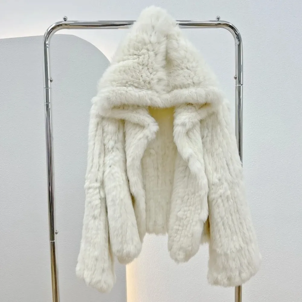 جديد فضفاض دليل نسج جودة الشارع ارتداء الخريف الشتاء سترة الفرو الطبيعي المرأة معطف فرو الأرنب الحقيقي مقنعين مضيئة الأكمام معطف