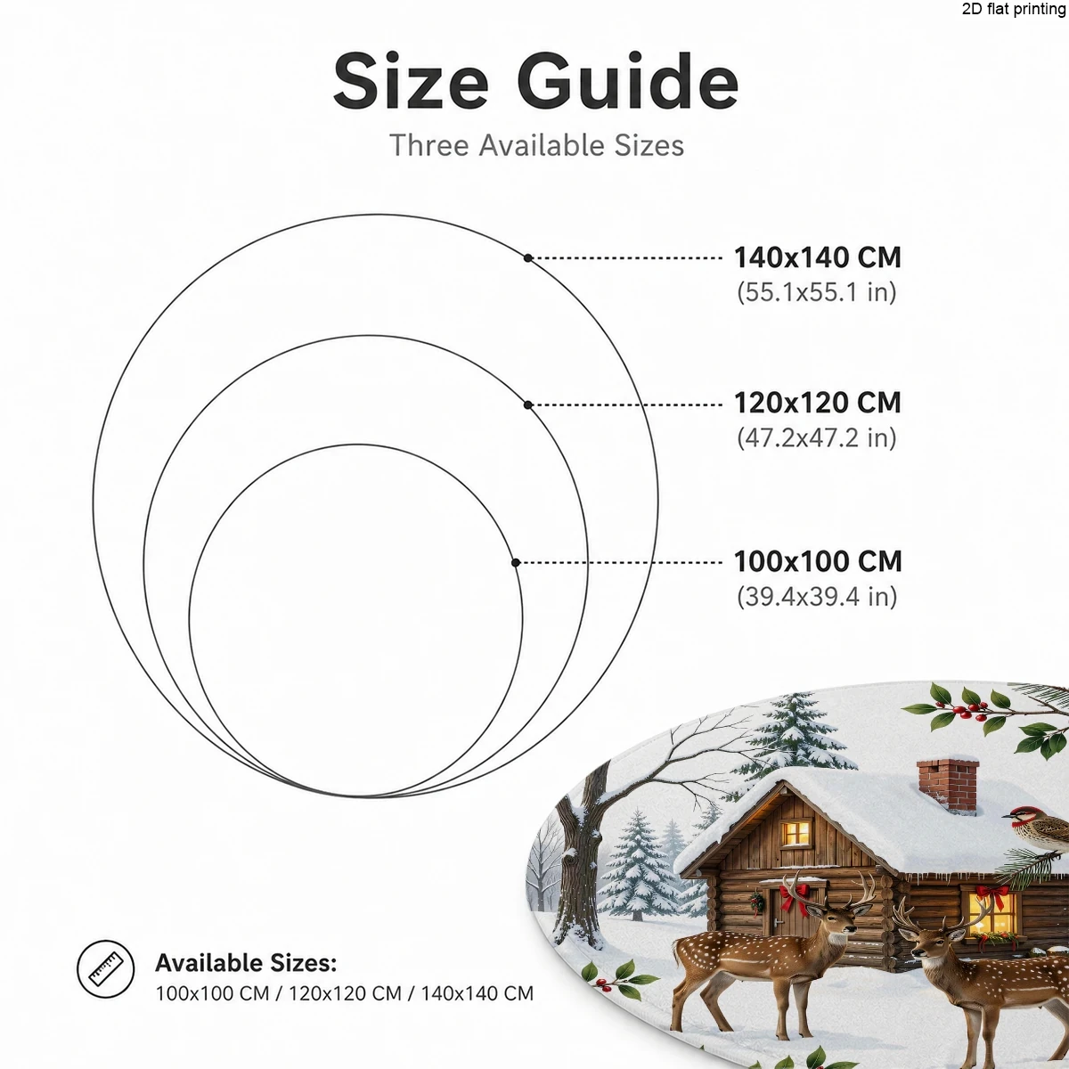 Dy8 (64) Round Small Rug with Christmas Deer, Wooden House, and Snow Scene Prints, 2D Flat Printing Technology, Soft and Skin-Friendly, Easy to Clean, Machine Washable, Non-Slip, Wear-Resistant Backing, Suitable for Bedroom, Living Room, Bathroom, Indoor Floor Decoration, Available in Multiple Sizes, Comfortable to Step on - view 3