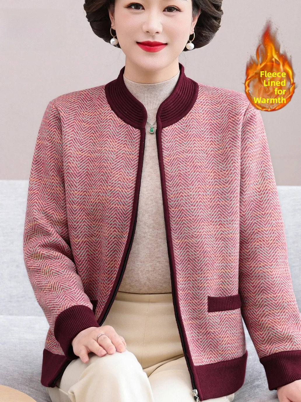 

Thiened Fce Вязаный кардиган на подкладке Теплая верхняя одежда с воротником-стойкой для женщин среднего возраста и модная мама...