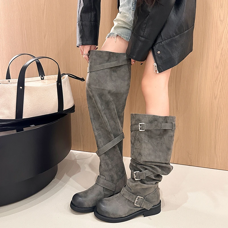 Women Over The Knee Boots Punk Style Pleated Buckle Strap Square Low Heels Autumn Winter Shoes New Design Round Toe