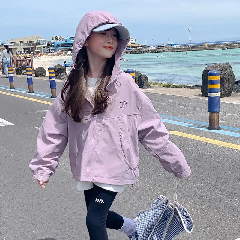 2026 Autumn New Girls Outdoor Jacket Solid Color Bow Hooded Zipper Coat For 3-12 Years Teen Girls Spring Casual Overcoat