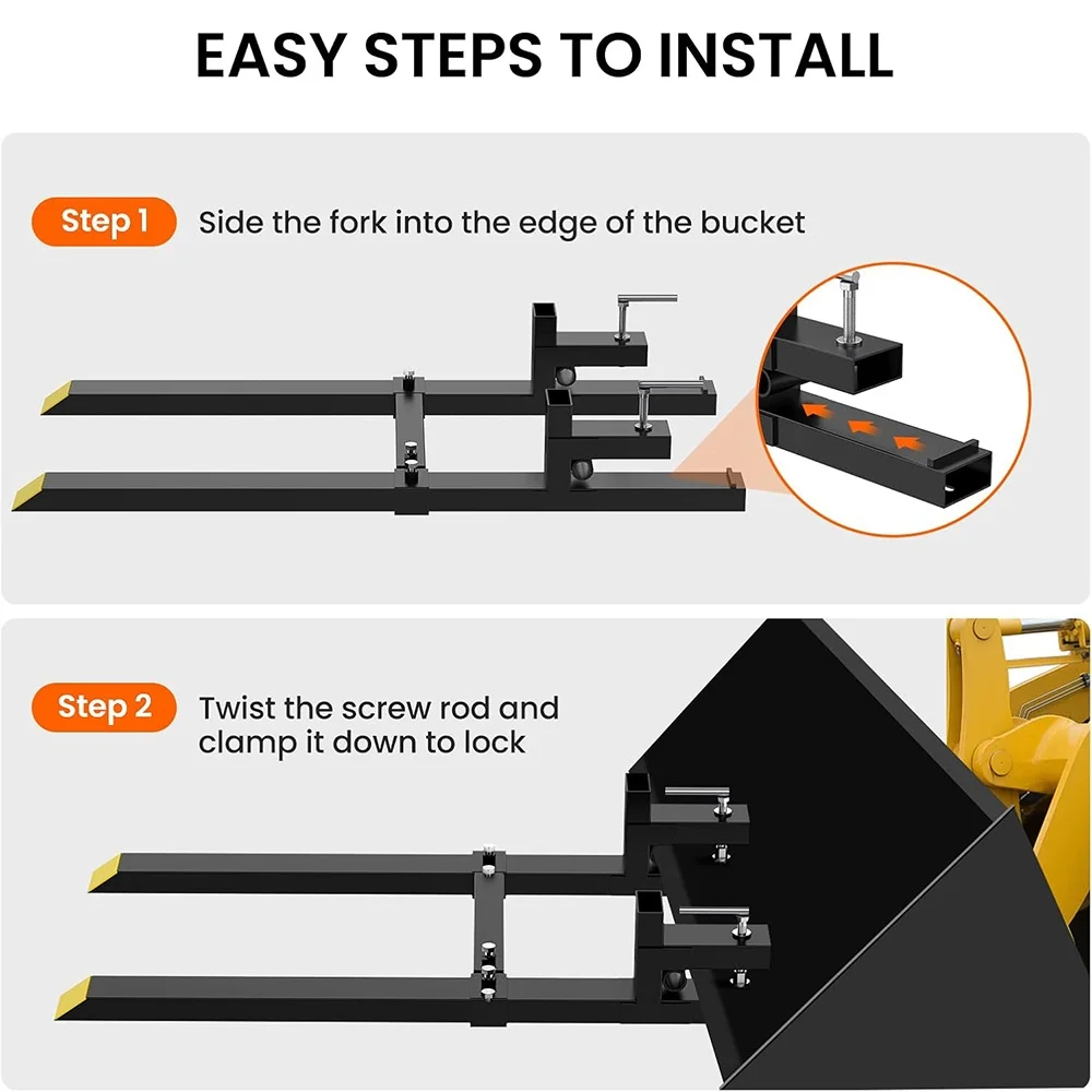 60" Clamp on Pallet Forks,4000Lbs Heavy Duty Fork Rack with Adjustable Stabilizer Bar for Loader Bucket Skidsteer Tractor