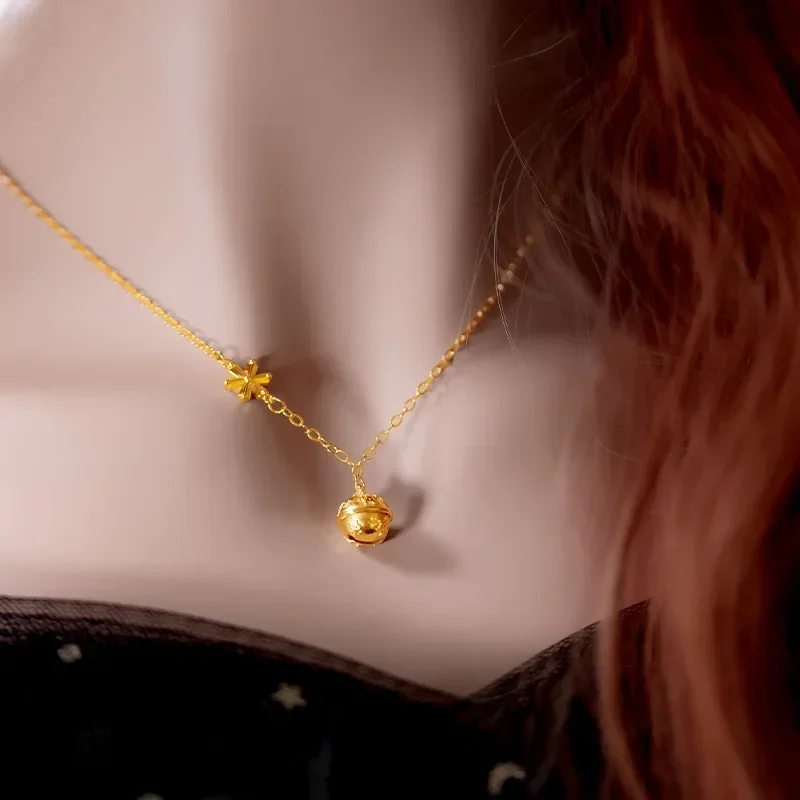 9999 Real Gold 24K Snowflake Bell Set Chain Fashion Personality Trend ins Wind Bell Clavicle Necklace Female