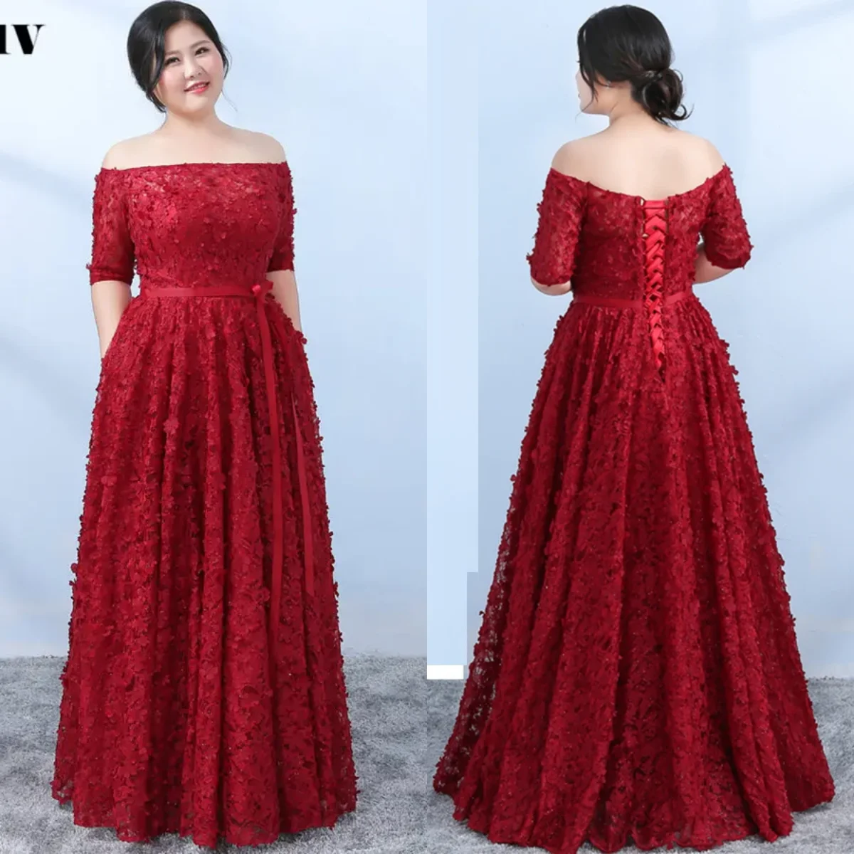 

Evening Dress Burgundy Floral Tulle Off the Shoulder A-line Floor Length Plus Size Robe De Soiree half Sleeve Party Formal Gown