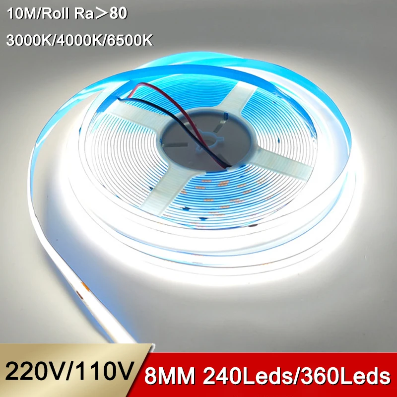 

Drive-free 10M/Roll AC 220V 110V 8mm Ra90 Cob Led Strip Light IP22 No Flicker Flexible Cuttable Self-adhesive Cob Led Strip