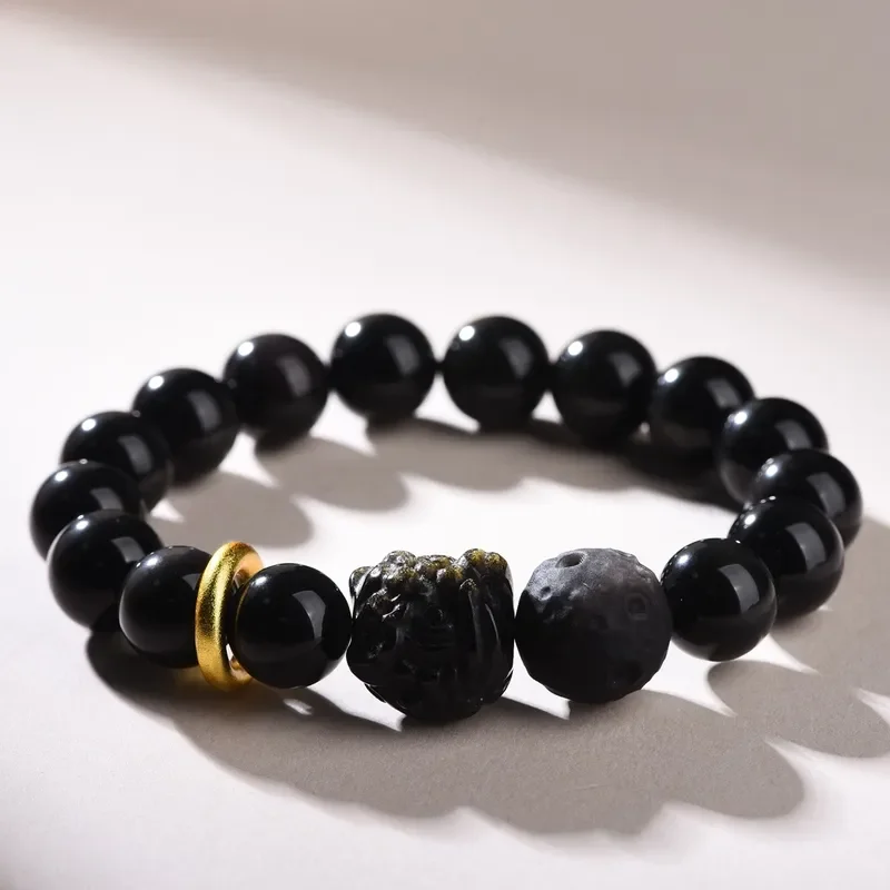 Natural black gold black obsidian lion bracelet, lion dancing Pixiu obsidian single circle bracelet batch