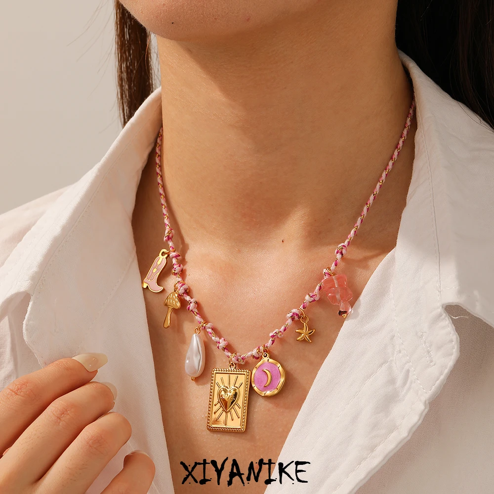 

XIYANIKE 316L Stainless Steel Pink Rope Chain Boots Mushroom Moon Heart Charm Necklace Women 18k Gold Plated Waterproof Jewelry