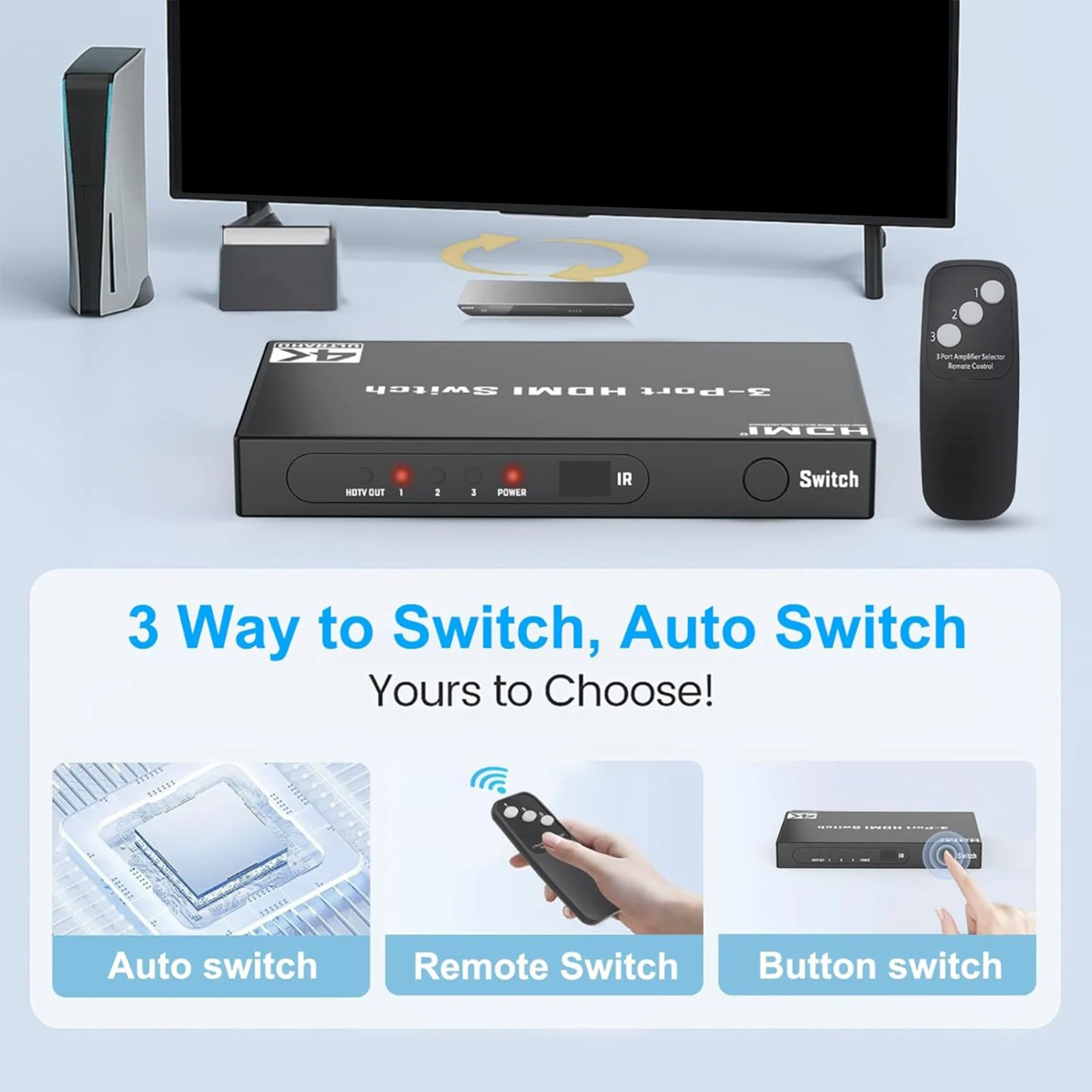 3 Port HDMI-compatible Switch 4K Ultra HD 30Hz 10.2Gbps with Remote LED for Game Console Xbox PC Monitor