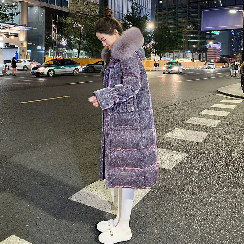 Women\'s Winter New Korean Fashion Loose Knee Over Hooded Cotton Coat with Large Down Collar