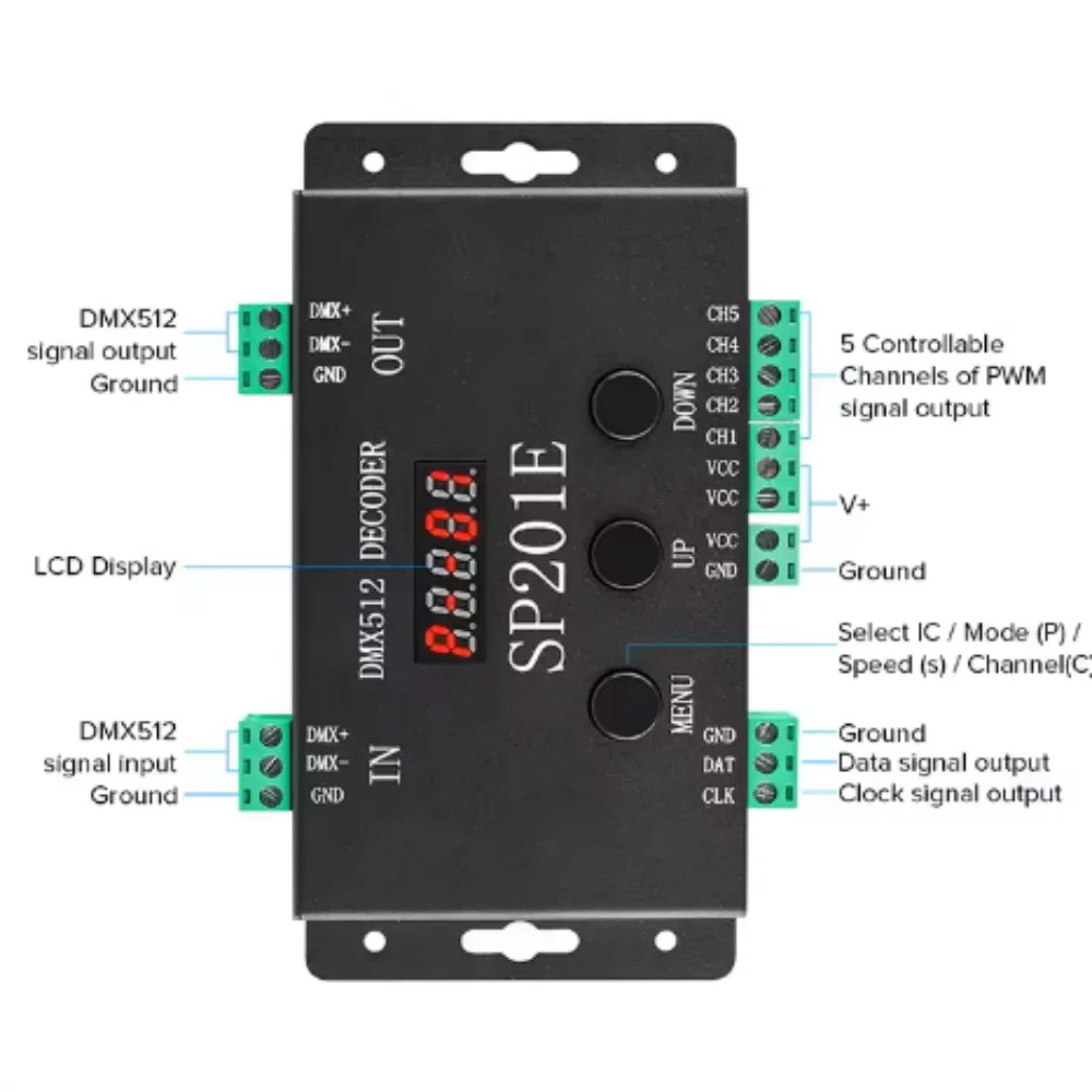 SP201E/SP901E led dmx 512 controller LED decoder for RGB pixel strip light led strip light controller WS2812B ws2811 led dimme