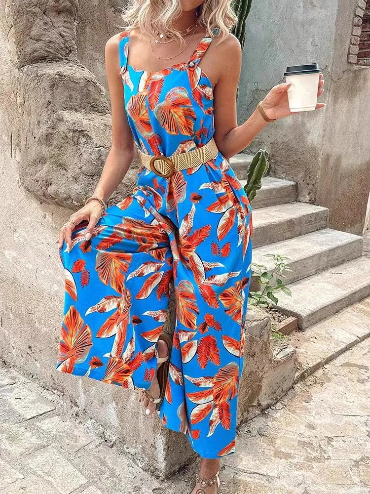 Plus Size Print Wide Leg Sashes Jumpsuit New Women's Fashion Elegant Spaghetti Strap Office High Waist Casual Long Jumpsuits