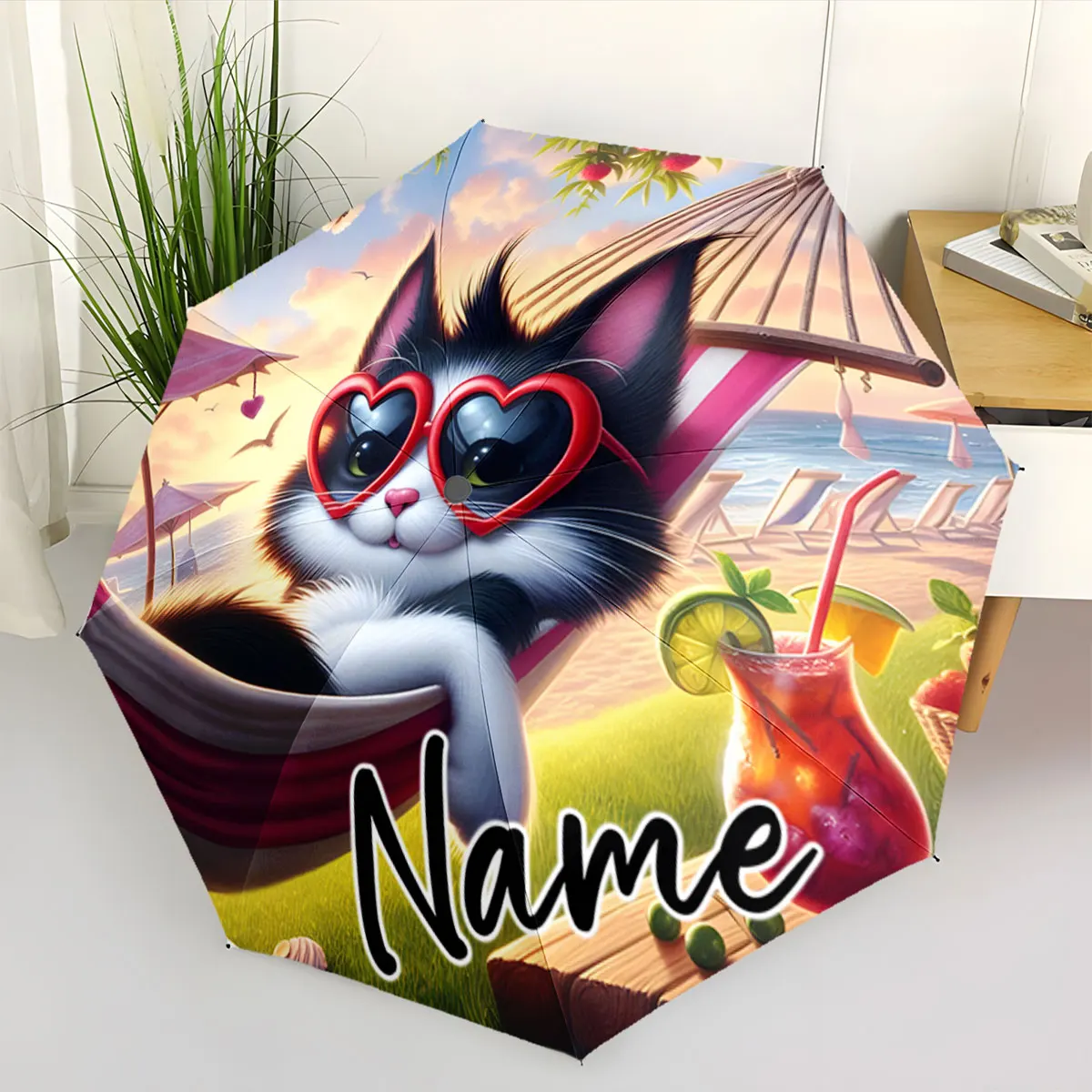 Custom Name Cat in Sunglasses Relaxing on the Beach Umbrella Print 8 Iron Ribs Folding Umbrella Auto-Open Fashion Sunshade