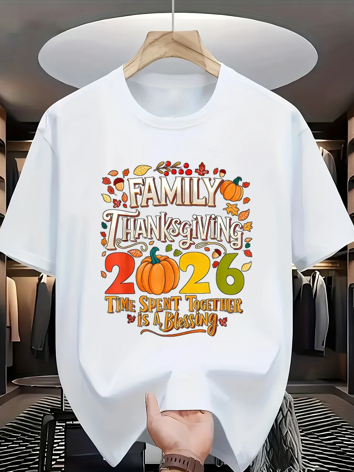 26 Family Thanksgiving T Shirt Celebrating the Joy of Being Together Autumn Harvest Design T Shirt with Vibrant Pumpkin and Leaf Pattern Casual Crew Neck T Shirt Perfect for Fall Celebrat Men's T Shirt