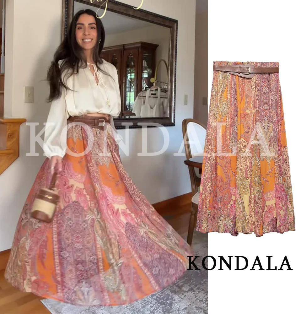 Damen Chic Boho Bedruckte Röcke mit Gürtel KONDALA 2026 Sommer Urlaub Trendige Elegante Midi-Röcke Damen Vintage Freizeit-Röcke