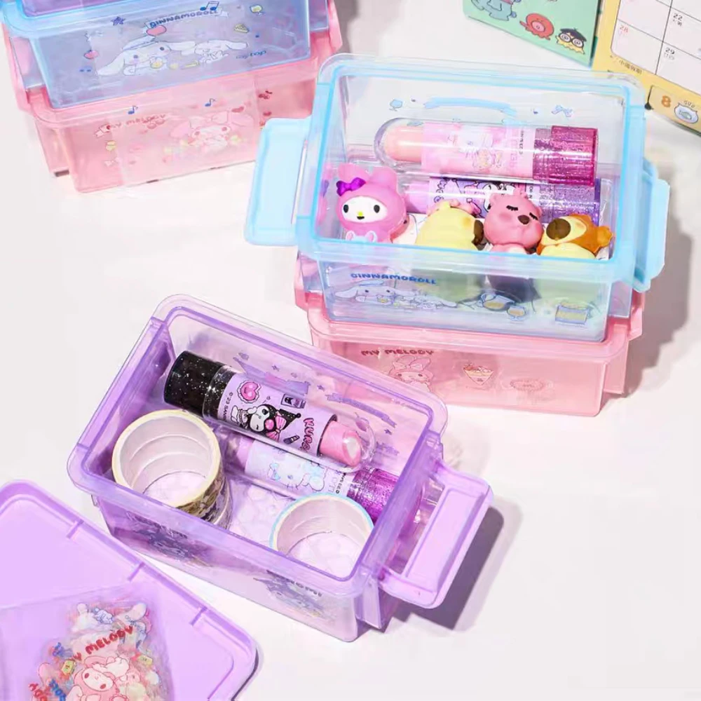 Genuíno sanrio cinnamoroll kuromi caixa de coleta empilhável de 3 camadas com adesivo diy kawaii melodia casa caixas de armazenamento diversos