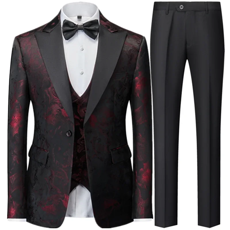 Suit Coat Vest Pants / 2023 Fashion New Men\'s Casual Business Flower Slim Fit Dress Blazers Jacket Trousers Waistcoat 3 Pcs Set