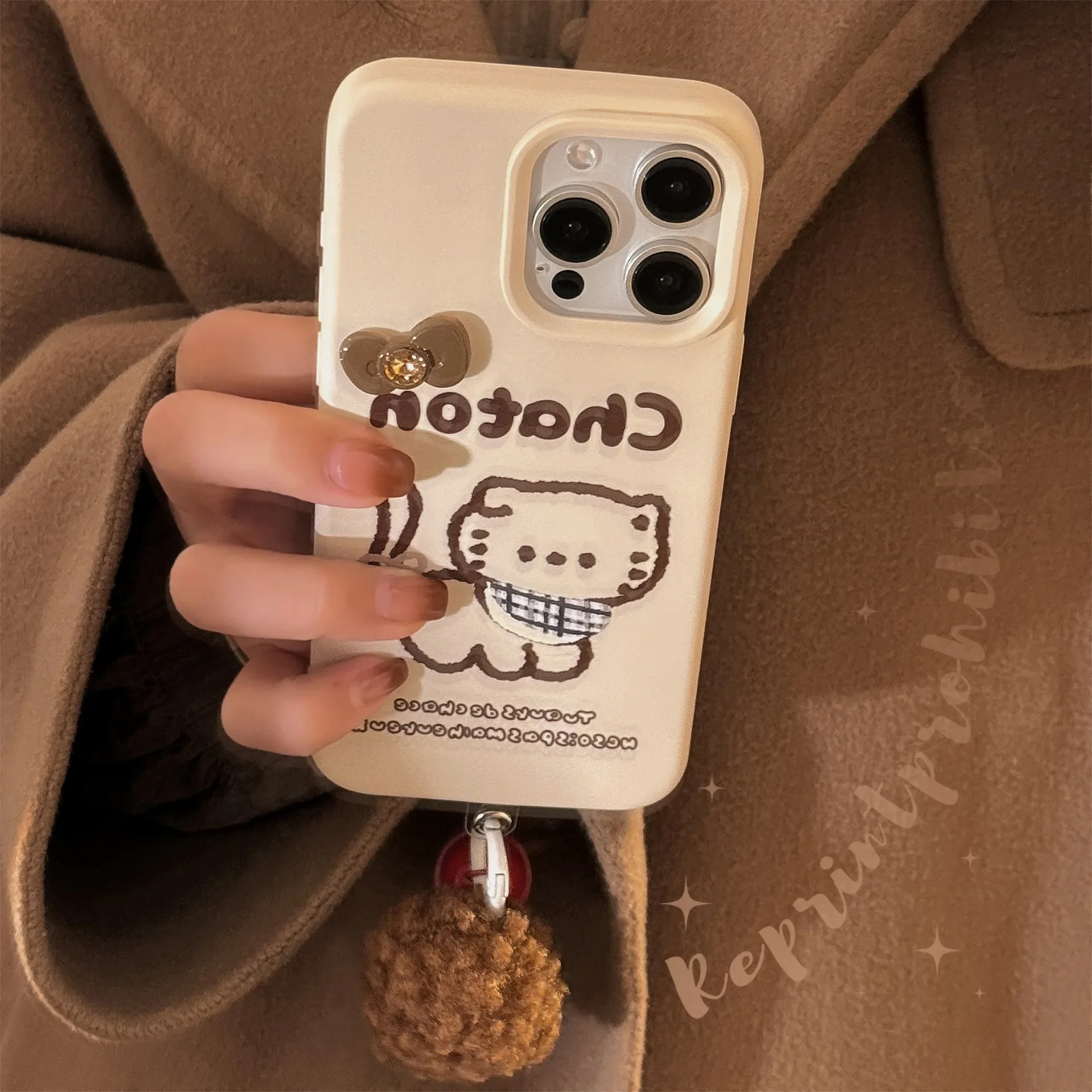 Simple Brown Line Scarf Kitten Phone Case for IPhone16 15 14 12 13 11 Pro ProMax Plus X XR Shockproof Phone Cover