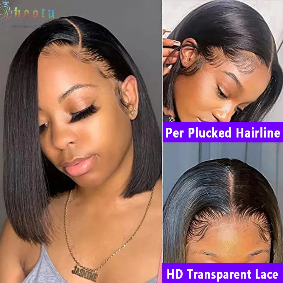 

Hootu Bob Straight Wigs Human Hair 8-14 Inch Pre Plucked Hair Brazilian 13x4 Transparent Lace Front Human Hair Wig 180% Density