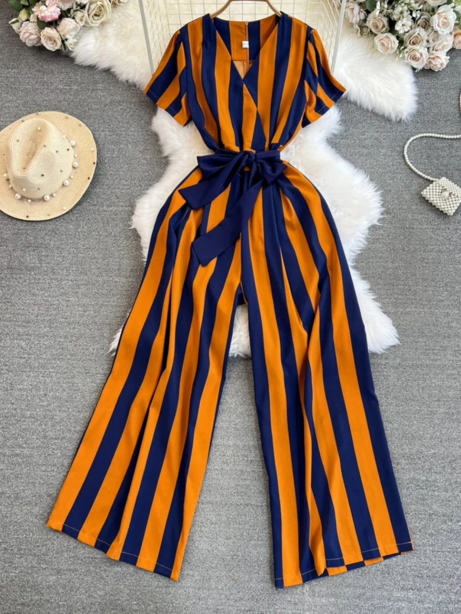 

Faionable High Waist Straight Leg Wide Leg Pants Jumpsuit V Ne ort Sve Casual Striped Dr Slimming Effect